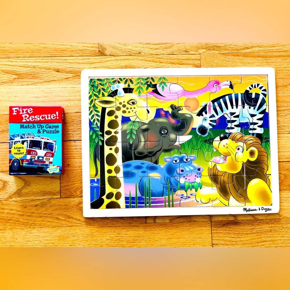 Melissa & Doug 24pc wooden jigsaw puzzle & Fire Rescue Match Up cards + puzzle